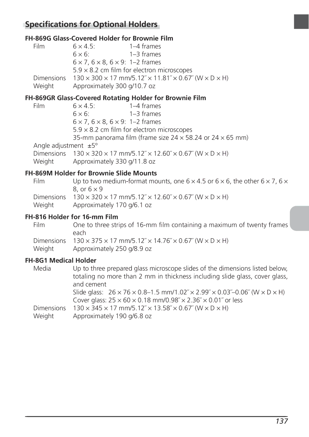 Nikon LS8000 user manual Specifications for Optional Holders, 137 