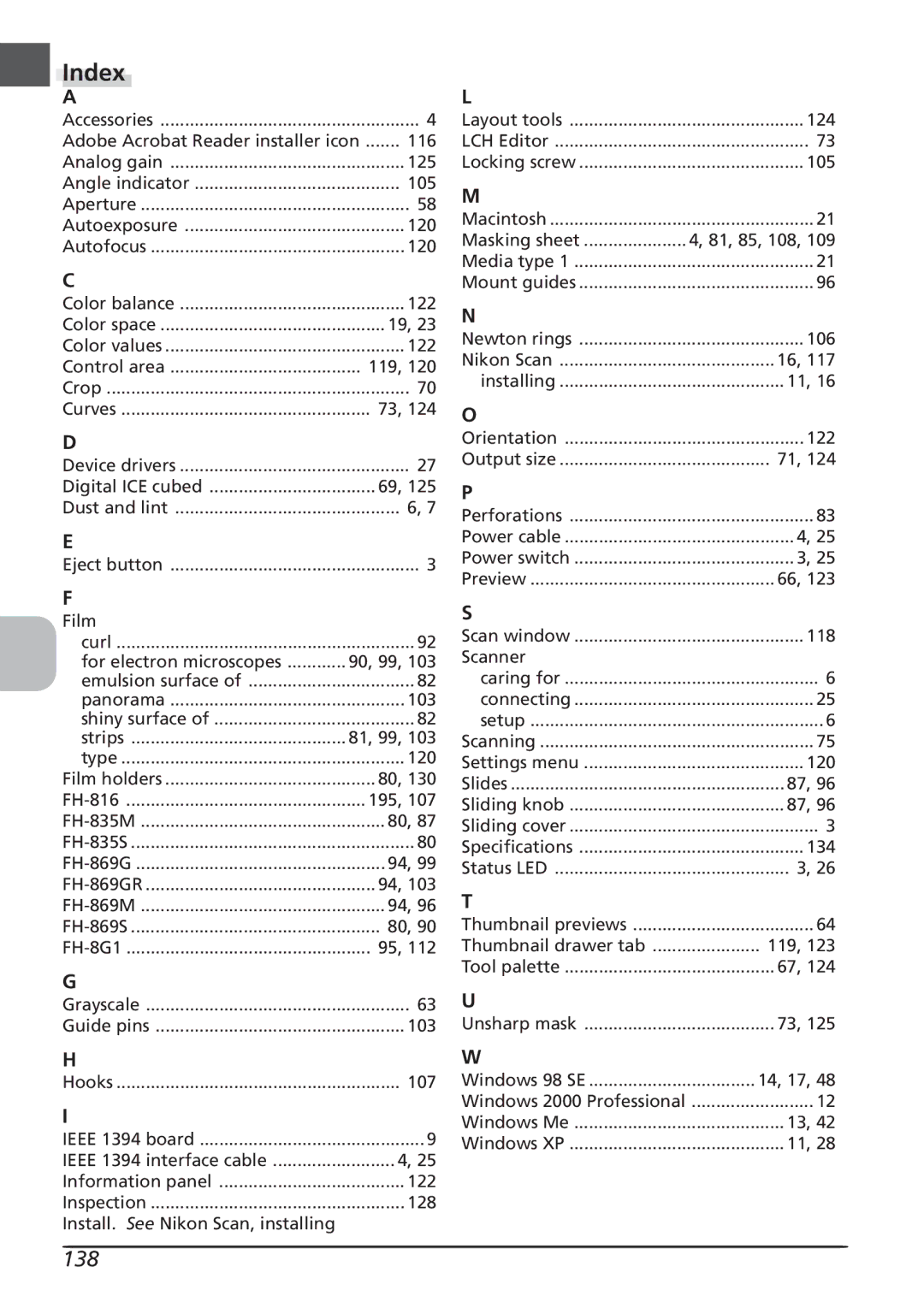 Nikon LS8000 user manual Index, 138 