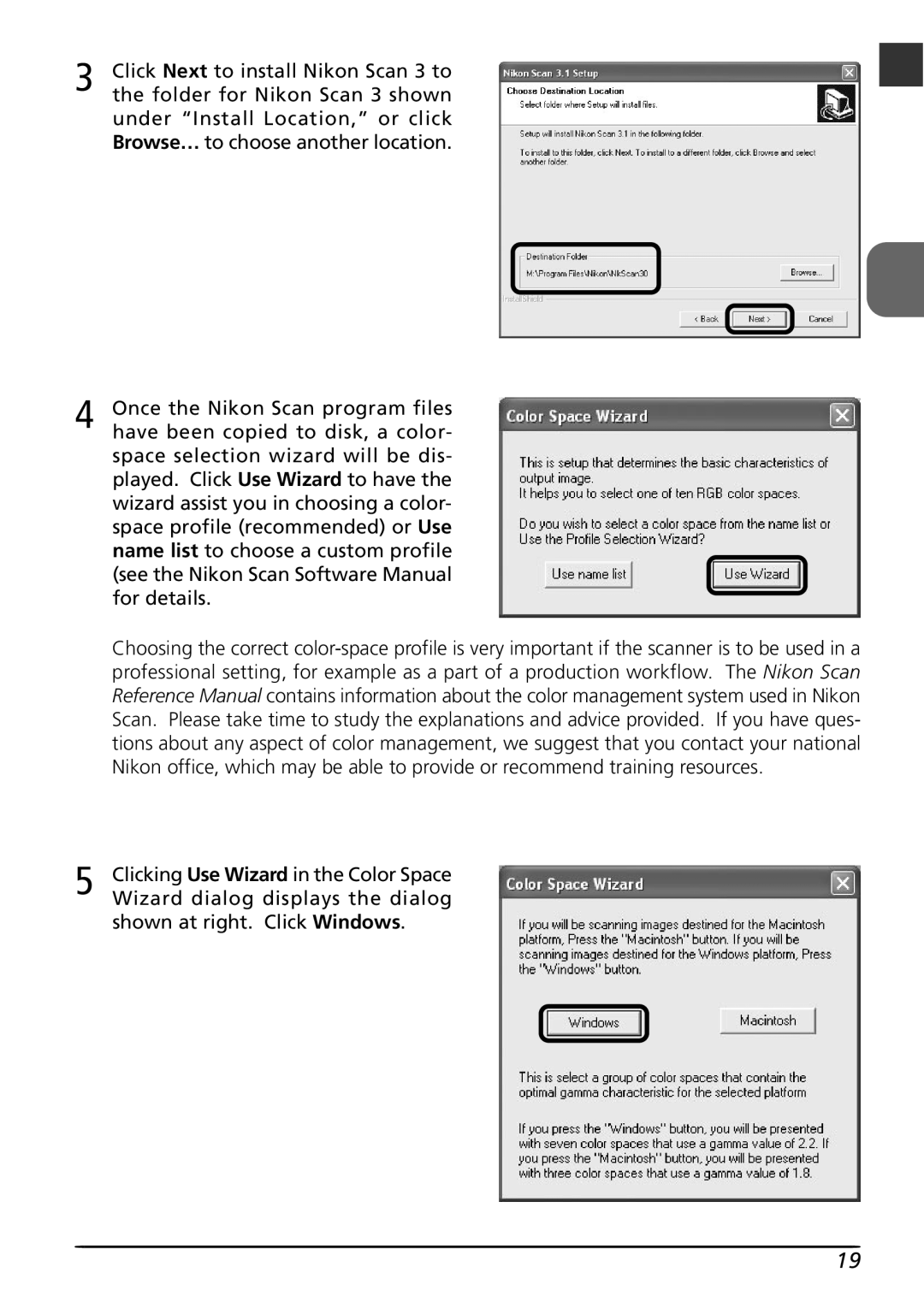 Nikon LS8000 Click Next to install Nikon Scan 3 to, Folder for Nikon Scan 3 shown, Wizard dialog displays the dialog 