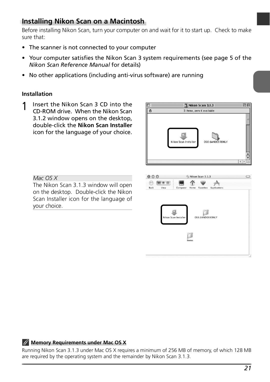 Nikon LS8000 user manual Installing Nikon Scan on a Macintosh, Memory Requirements under Mac OS 