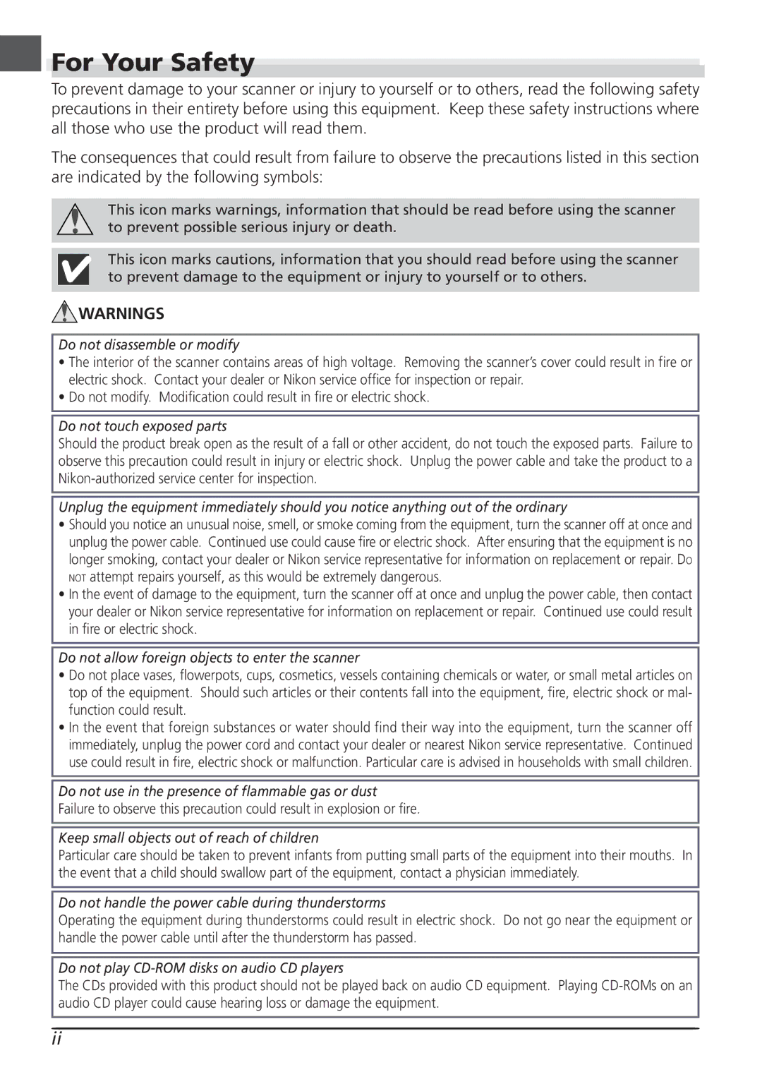 Nikon LS8000 user manual For Your Safety, Do not disassemble or modify 