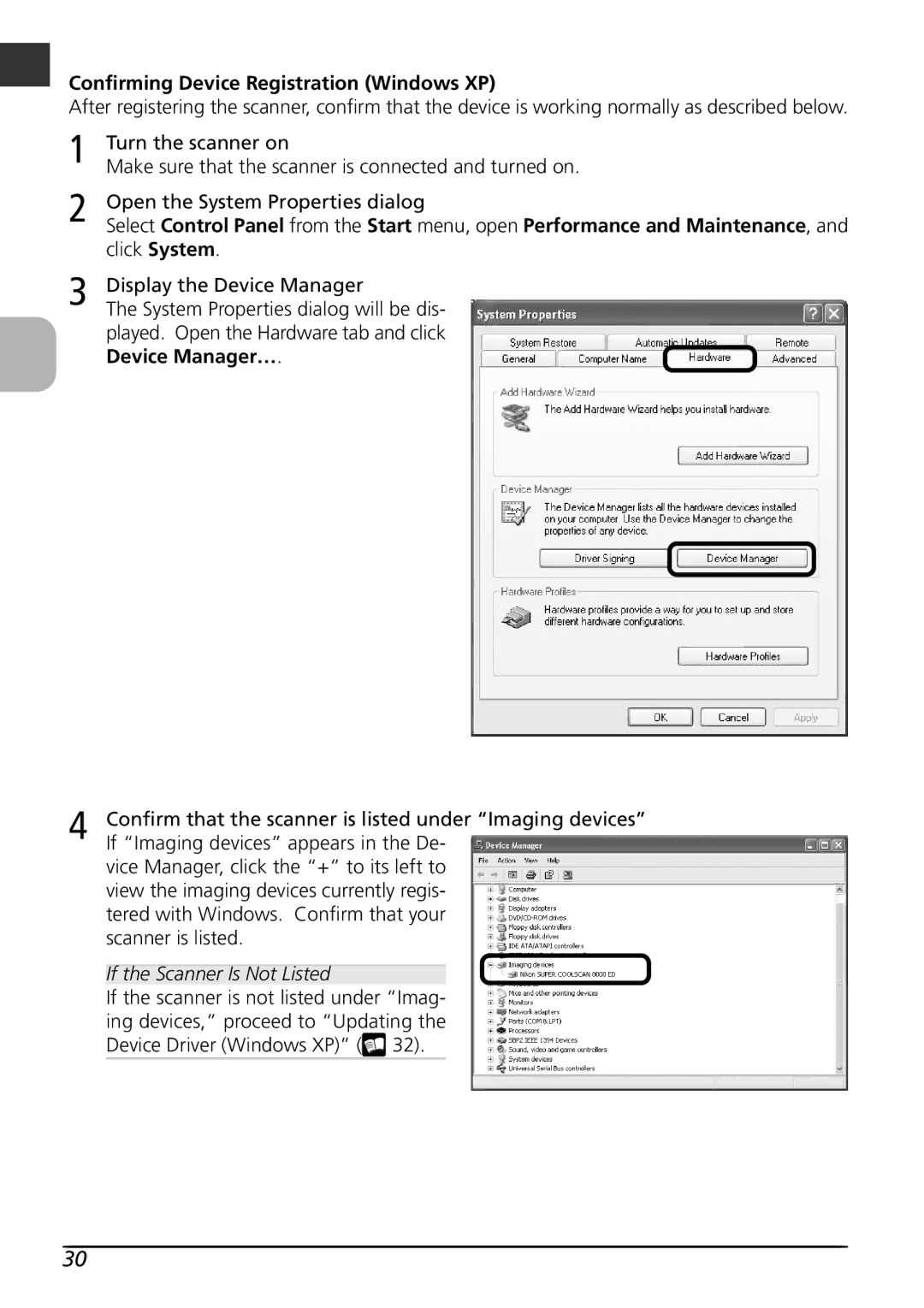 Nikon LS8000 user manual Confirming Device Registration Windows XP, Click System, Display the Device Manager 