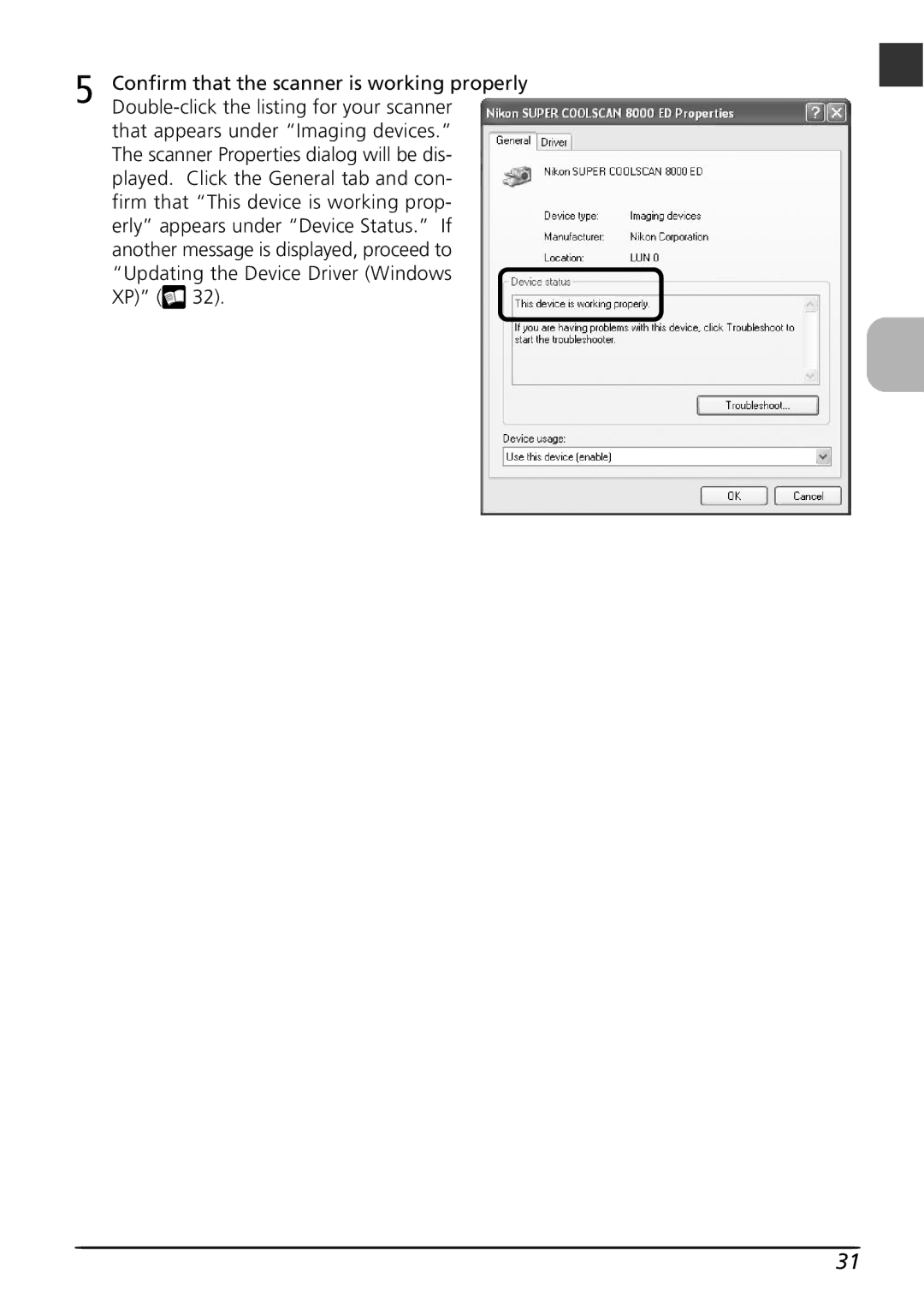 Nikon LS8000 user manual Confirm that the scanner is working properly, Double-click the listing for your scanner 