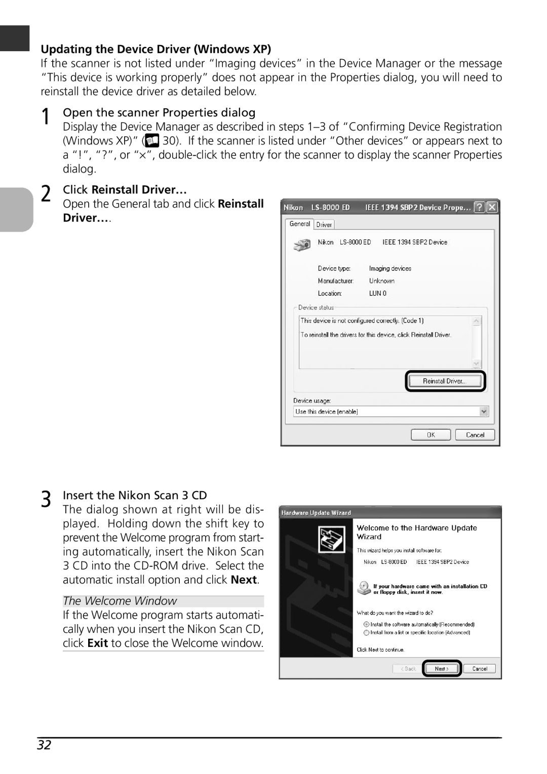 Nikon LS8000 user manual Updating the Device Driver Windows XP, Click Reinstall Driver… 