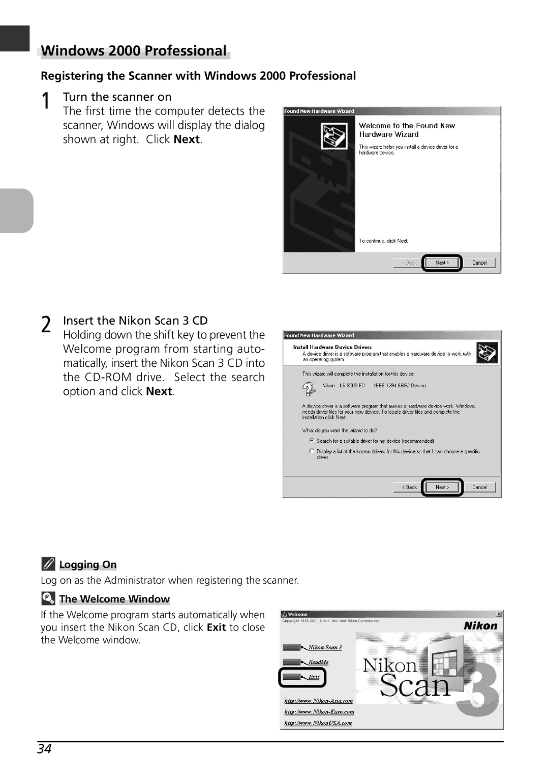 Nikon LS8000 user manual Registering the Scanner with Windows 2000 Professional 