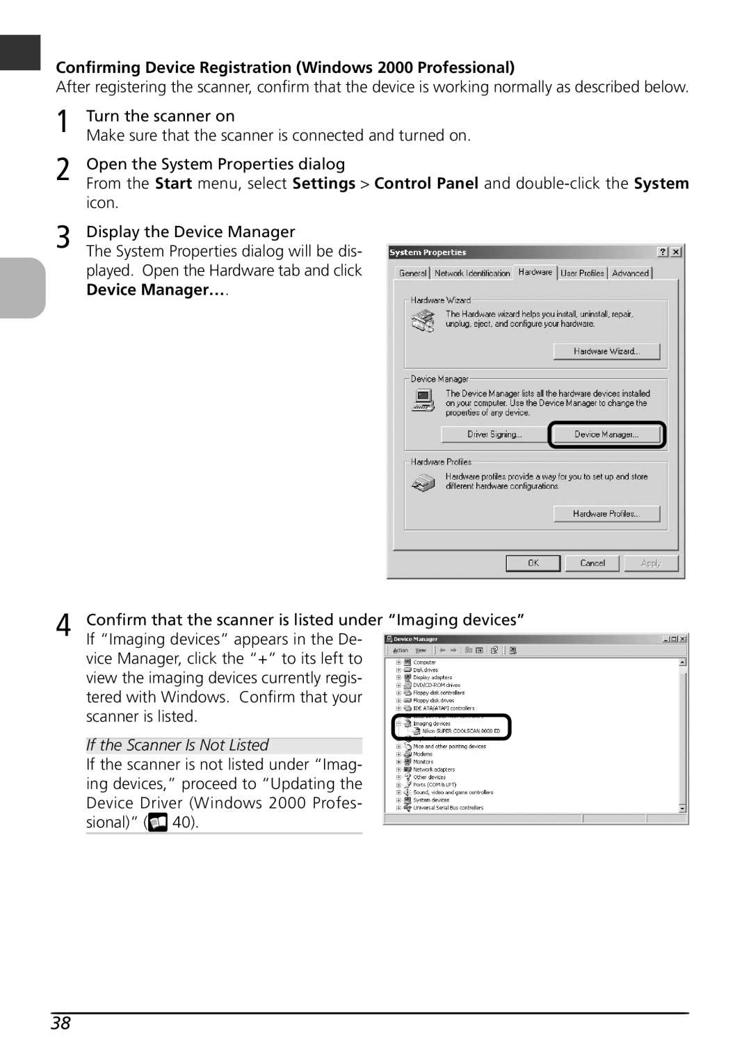 Nikon LS8000 user manual Confirming Device Registration Windows 2000 Professional, Icon 