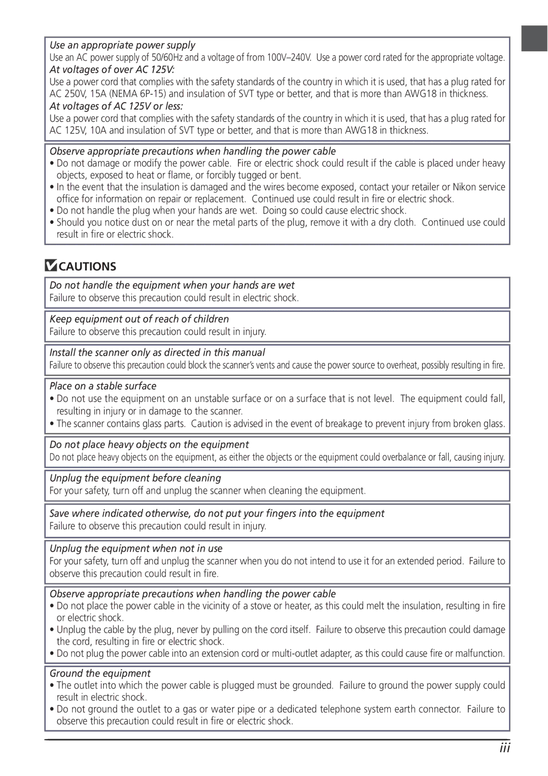 Nikon LS8000 user manual Iii, Use an appropriate power supply 