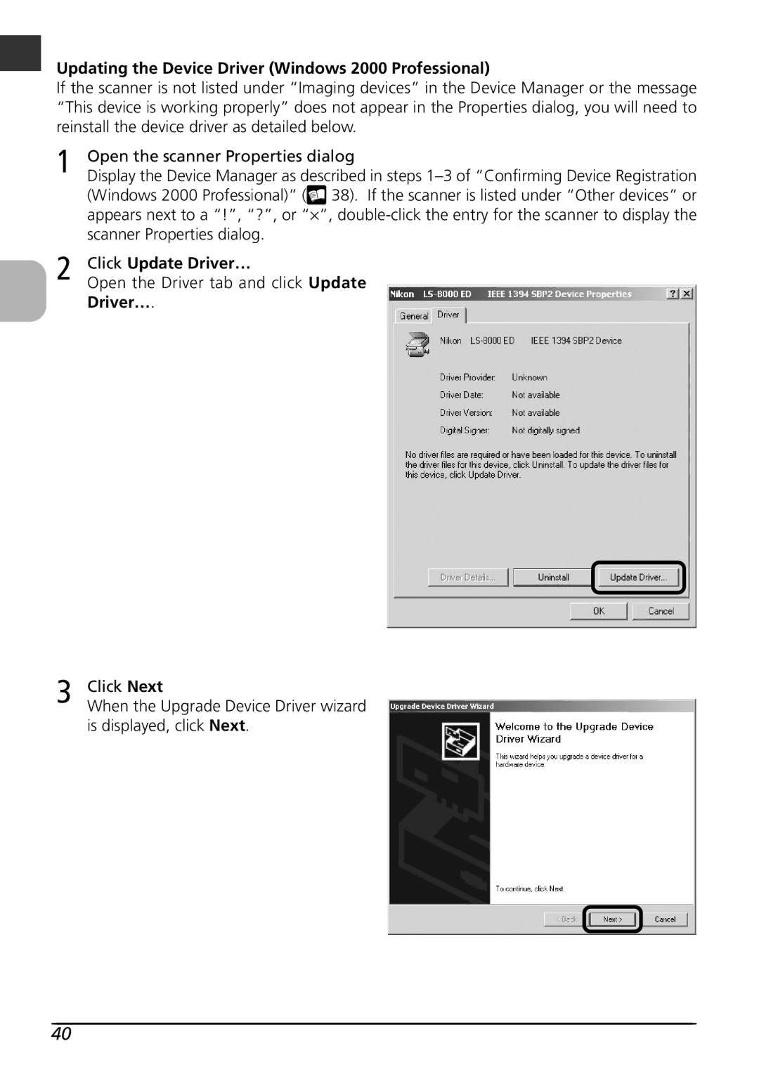 Nikon LS8000 Updating the Device Driver Windows 2000 Professional, Scanner Properties dialog, Click Update Driver… 