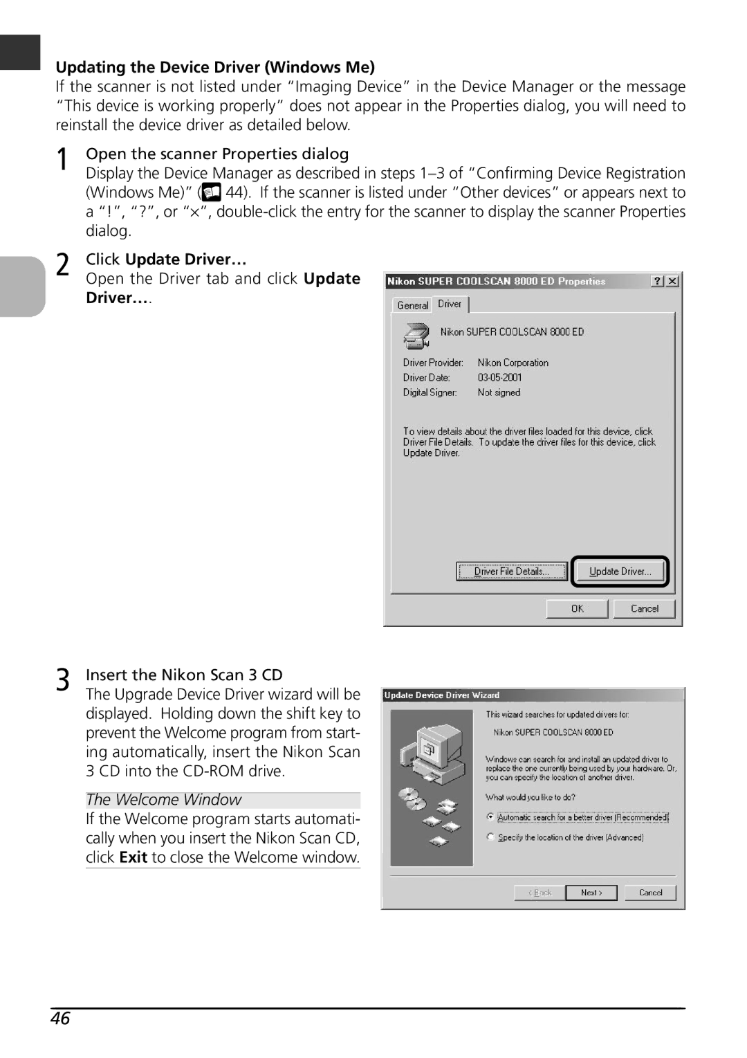 Nikon LS8000 user manual Updating the Device Driver Windows Me, Dialog 