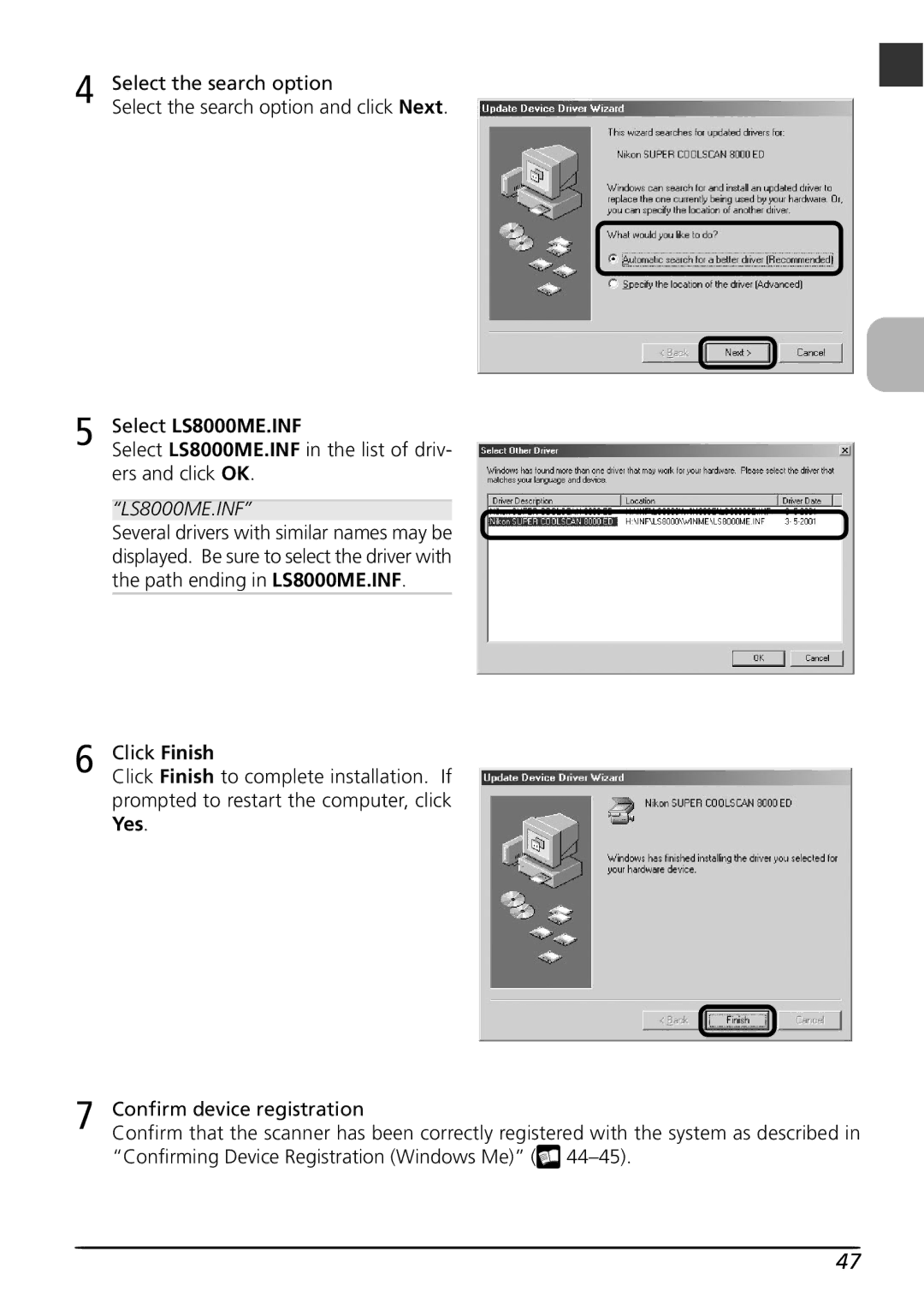 Nikon user manual Select the search option, Select LS8000ME.INF in the list of driv- ers and click OK 