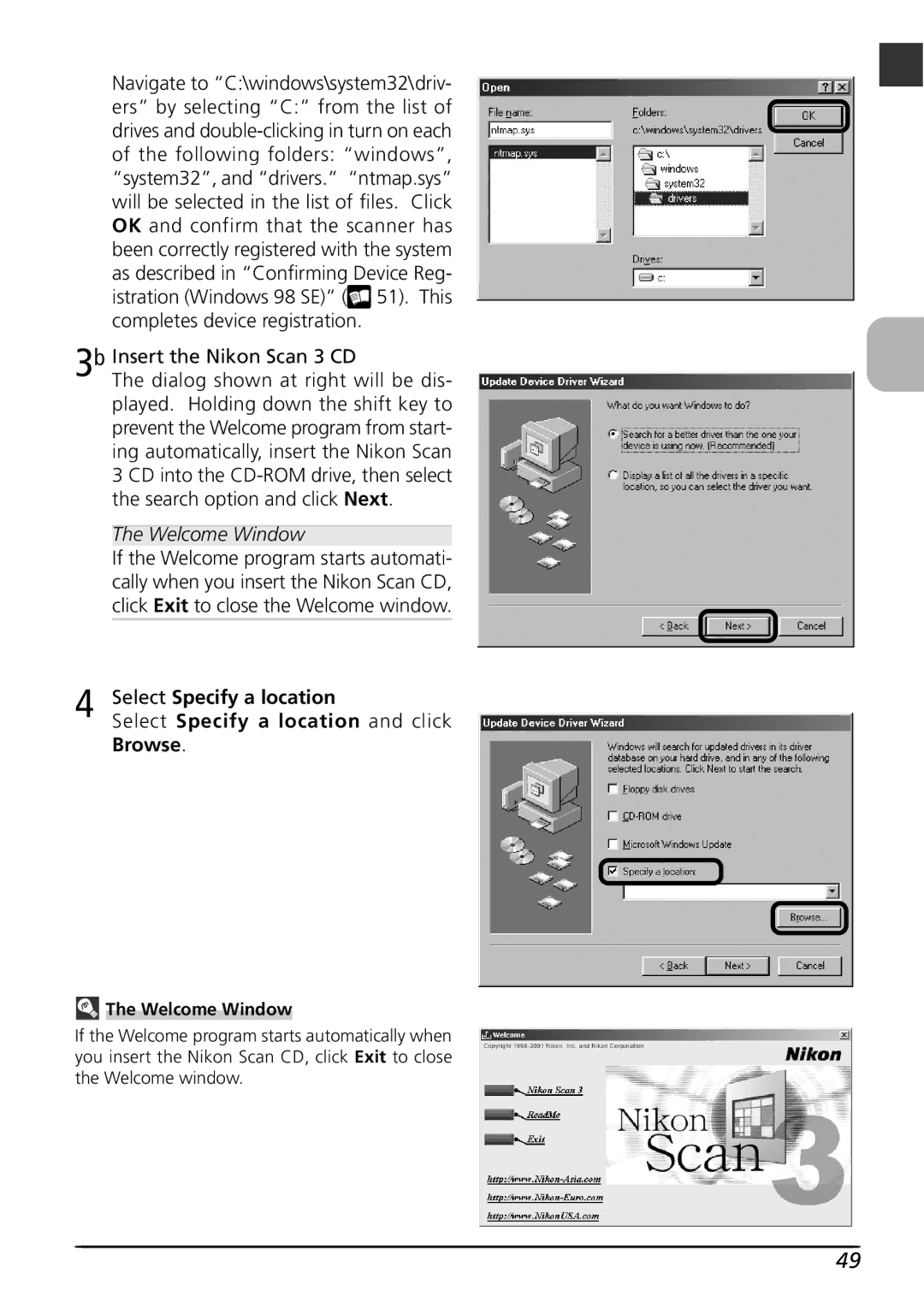 Nikon LS8000 user manual 3b Insert the Nikon Scan 3 CD, Select Specify a location and click, Browse 