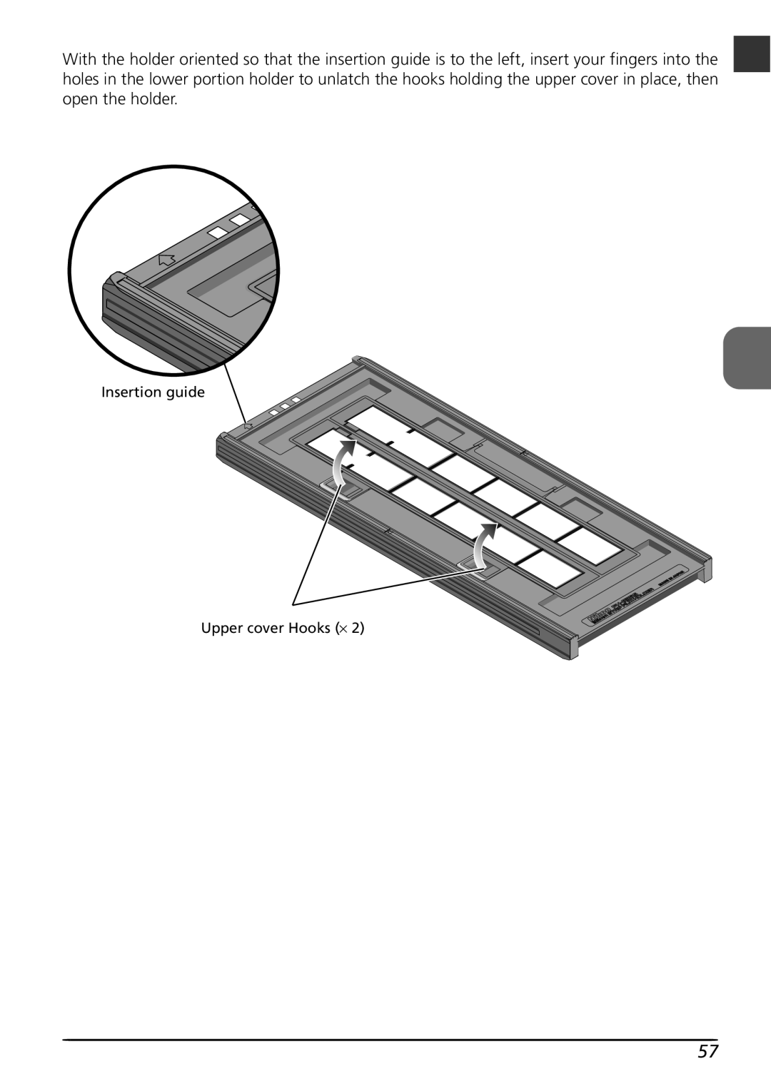 Nikon LS8000 user manual Insertion guide Upper cover Hooks ⋅ 