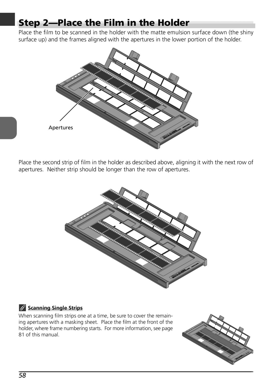 Nikon LS8000 user manual Place the Film in the Holder, Scanning Single Strips 