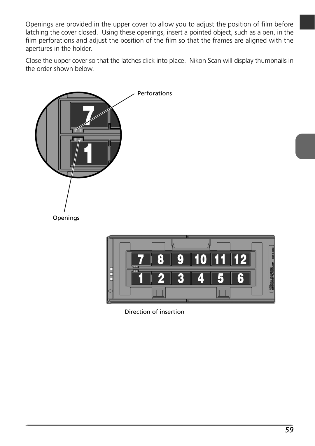 Nikon LS8000 user manual Perforations Openings Direction of insertion 