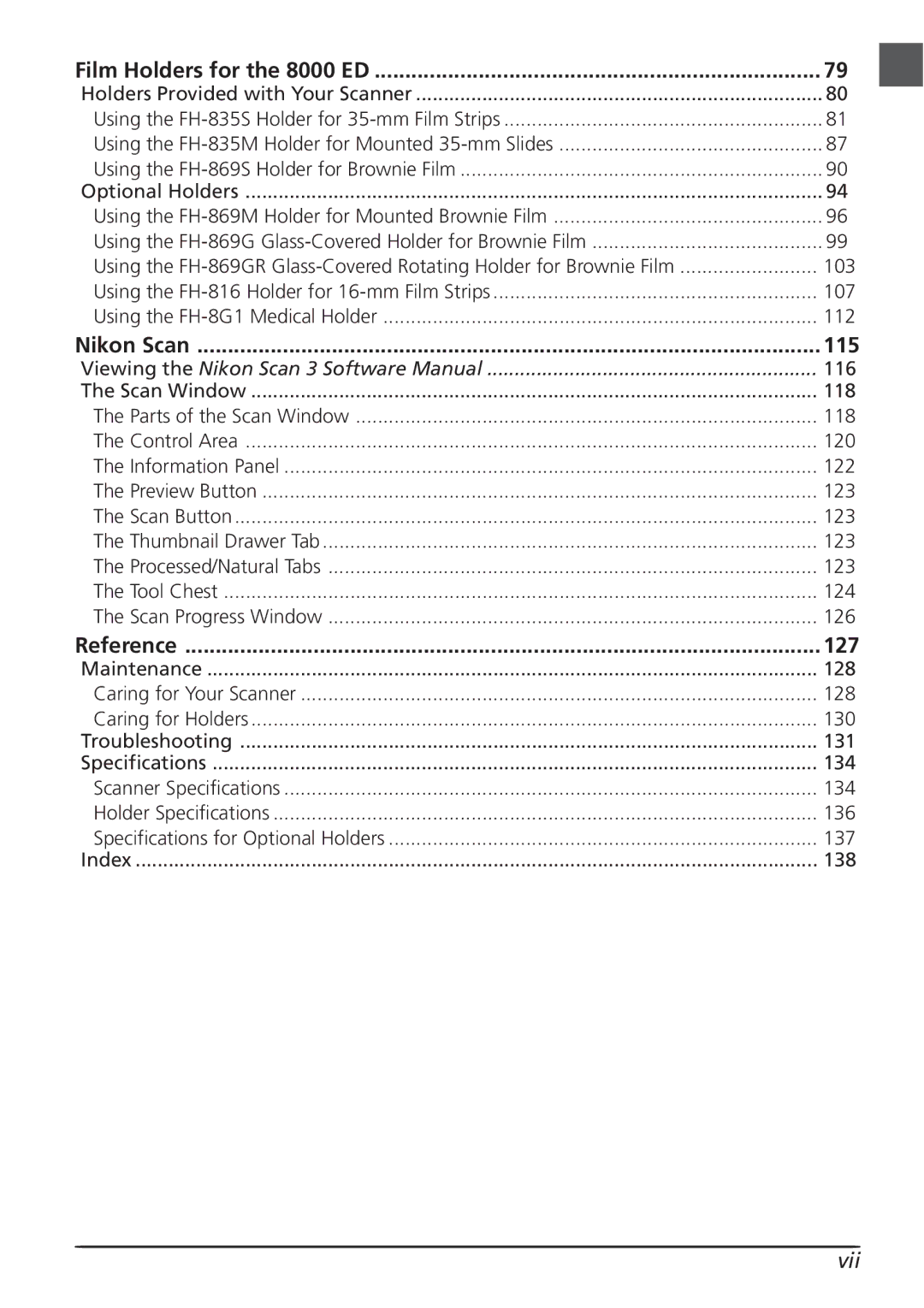 Nikon LS8000 user manual Vii, Film Holders for the 8000 ED, Nikon Scan, Reference 