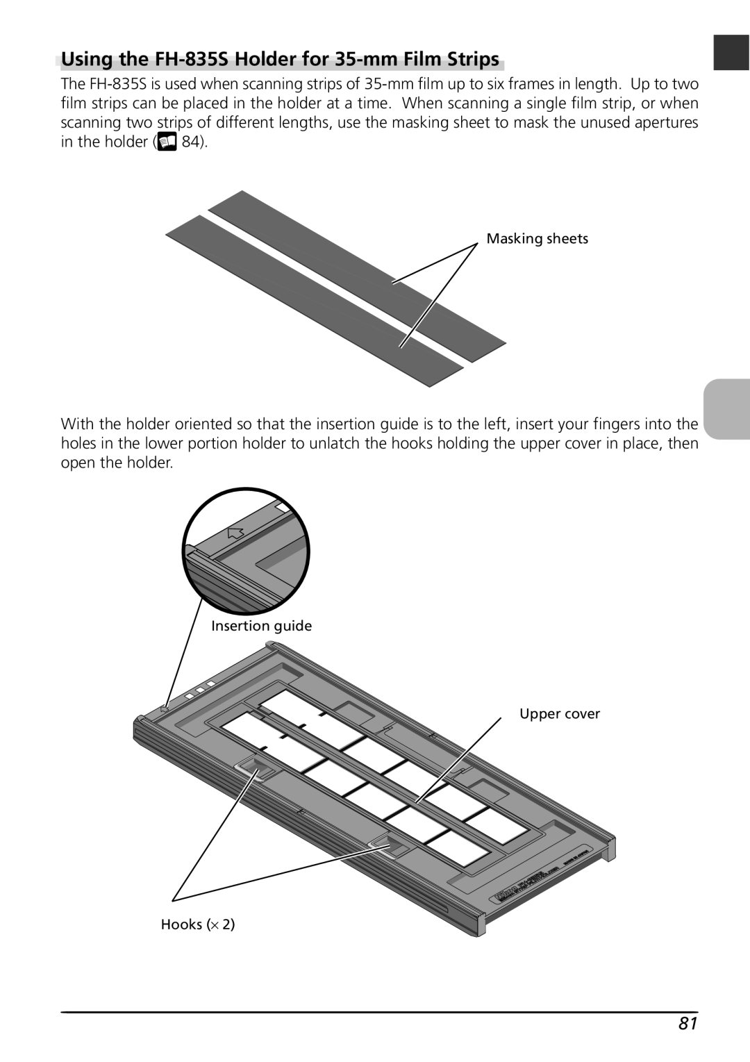 Nikon LS8000 user manual Using the FH-835S Holder for 35-mm Film Strips 