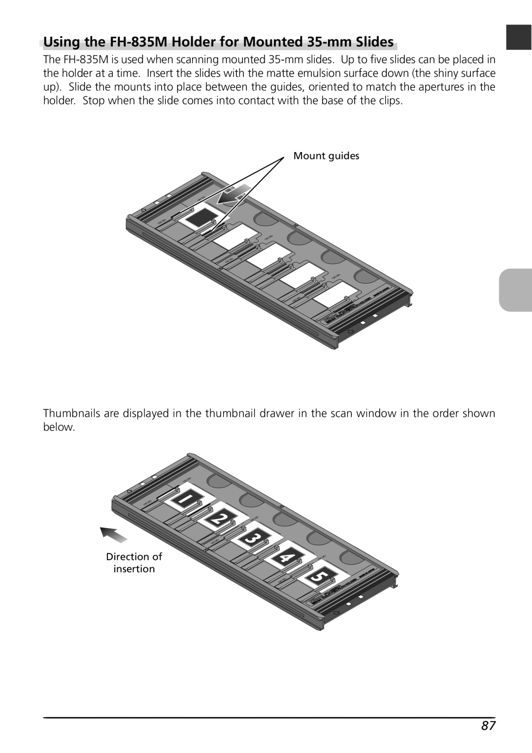 Nikon LS8000 user manual Using the FH-835M Holder for Mounted 35-mm Slides 