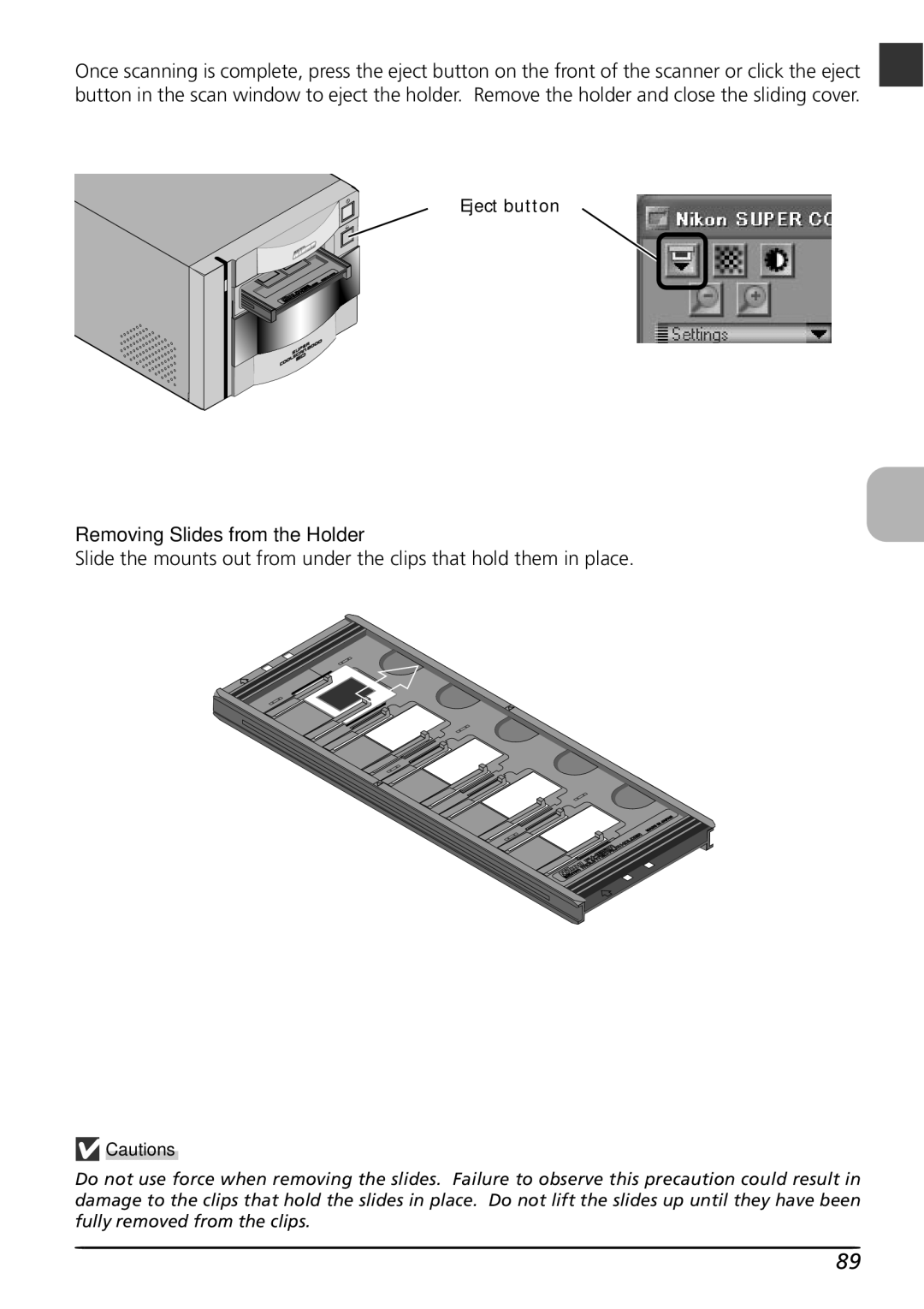 Nikon LS8000 user manual Removing Slides from the Holder 