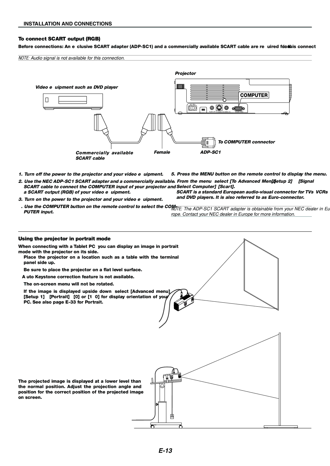 Nikon LT170 manual To connect Scart output RGB, Using the projector in portrait mode 