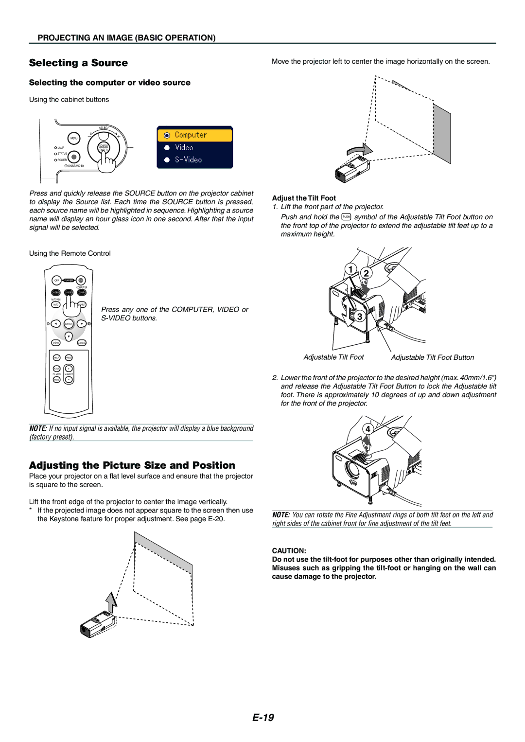 Nikon LT170 manual Selecting a Source, Adjusting the Picture Size and Position, Selecting the computer or video source 