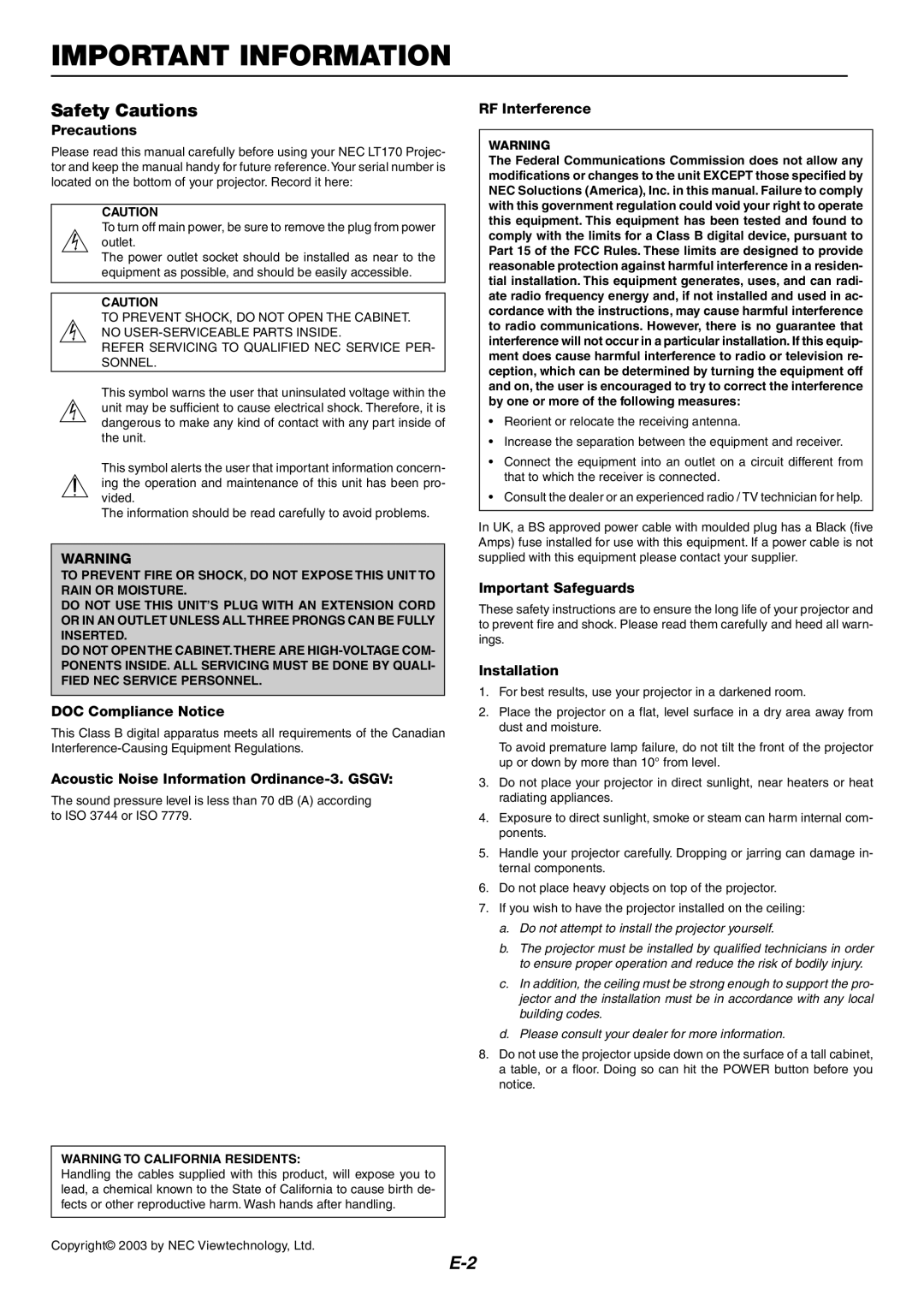 Nikon LT170 manual Important Information, Safety Cautions 