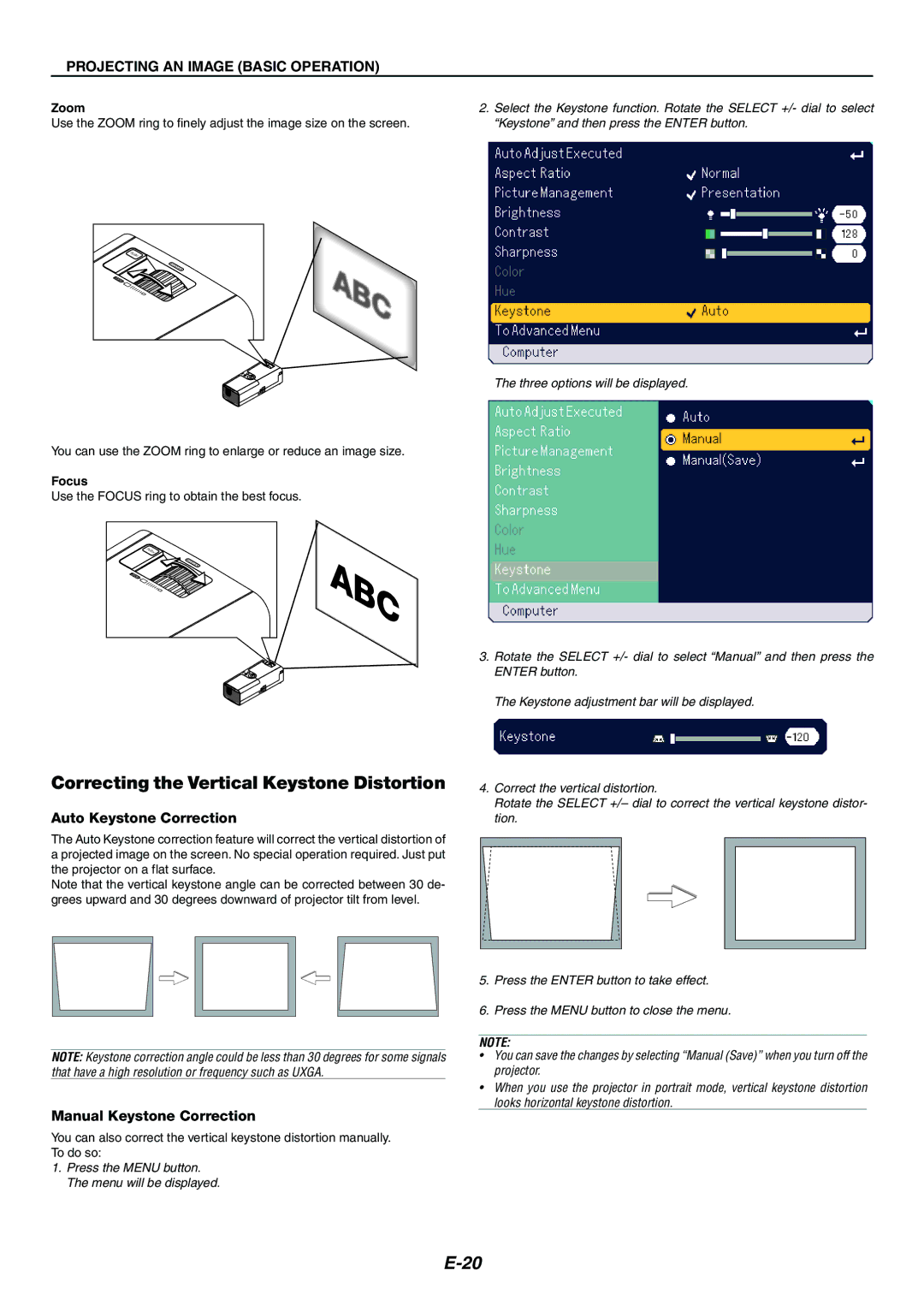 Nikon LT170 manual Correcting the Vertical Keystone Distortion, Auto Keystone Correction, Manual Keystone Correction, Focus 