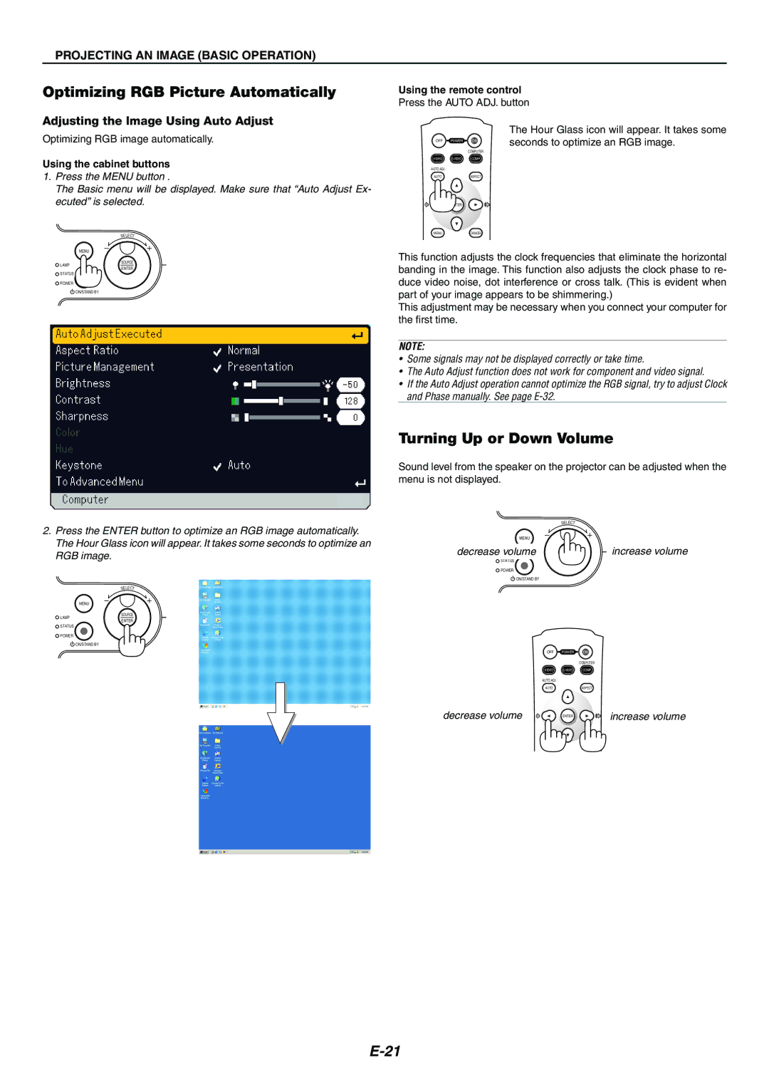 Nikon LT170 manual Optimizing RGB Picture Automatically, Turning Up or Down Volume, Adjusting the Image Using Auto Adjust 