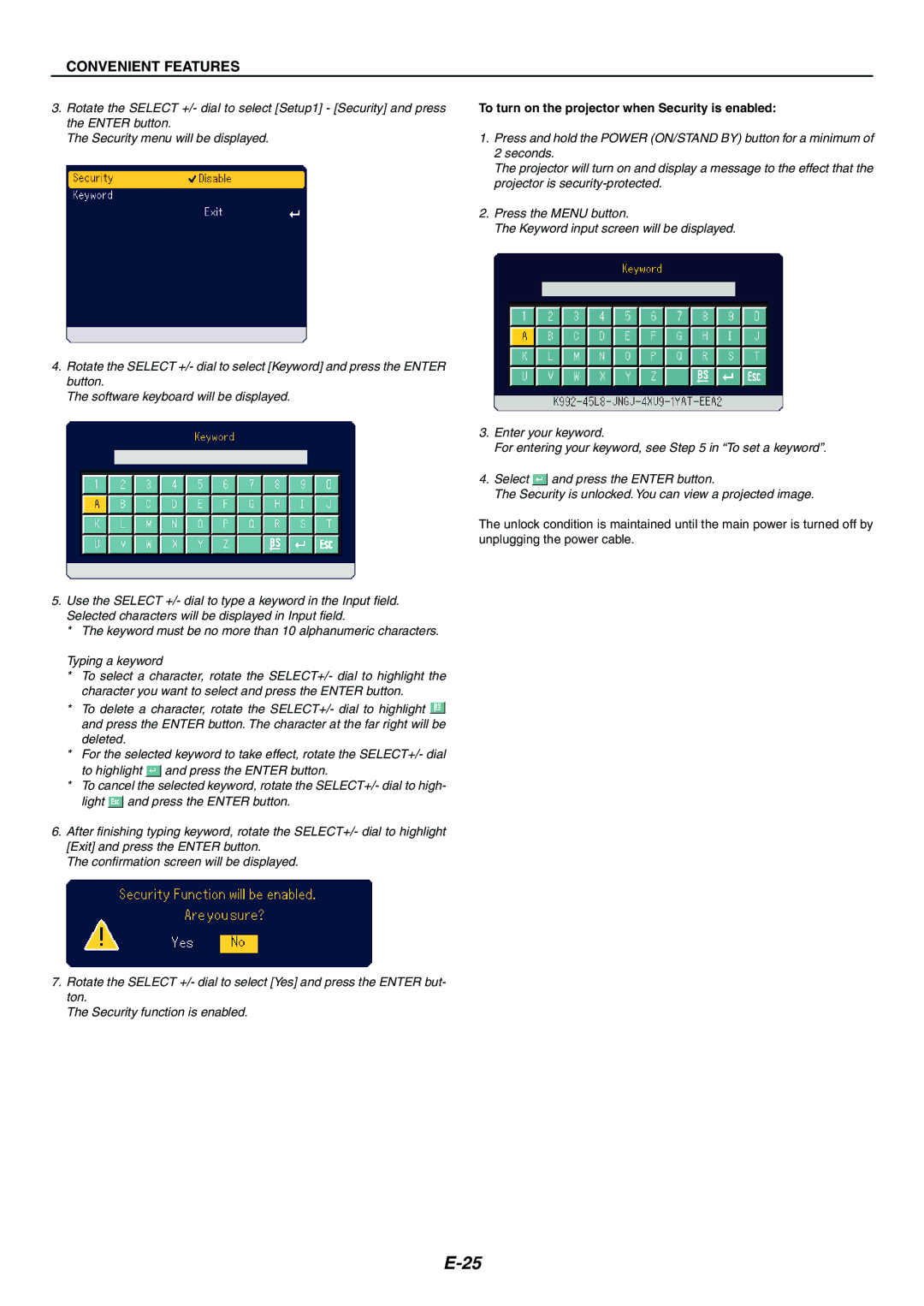 Nikon LT170 manual Convenient Features, To turn on the projector when Security is enabled 