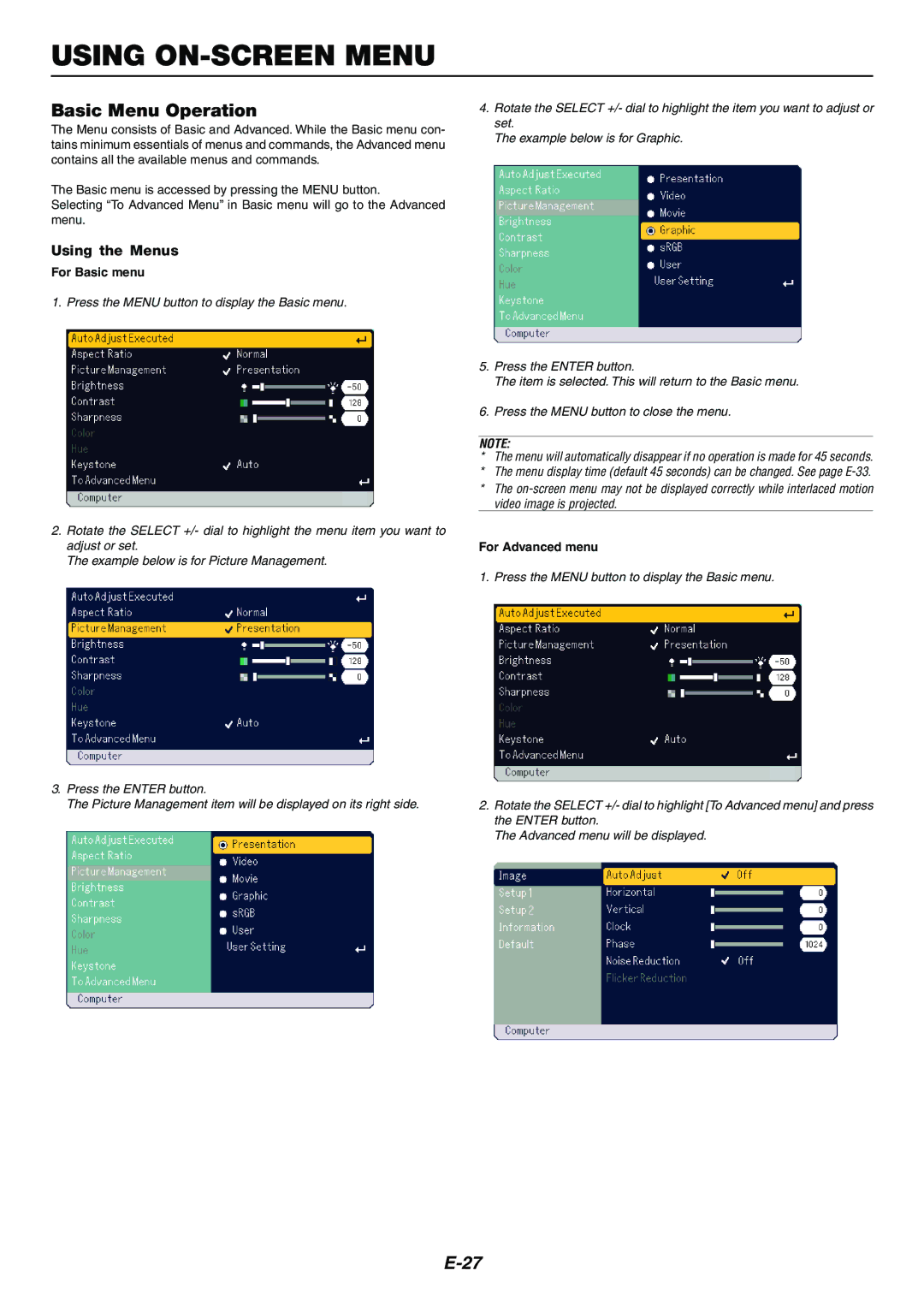 Nikon LT170 manual Using ON-SCREEN Menu, Basic Menu Operation, Using the Menus, For Basic menu, For Advanced menu 