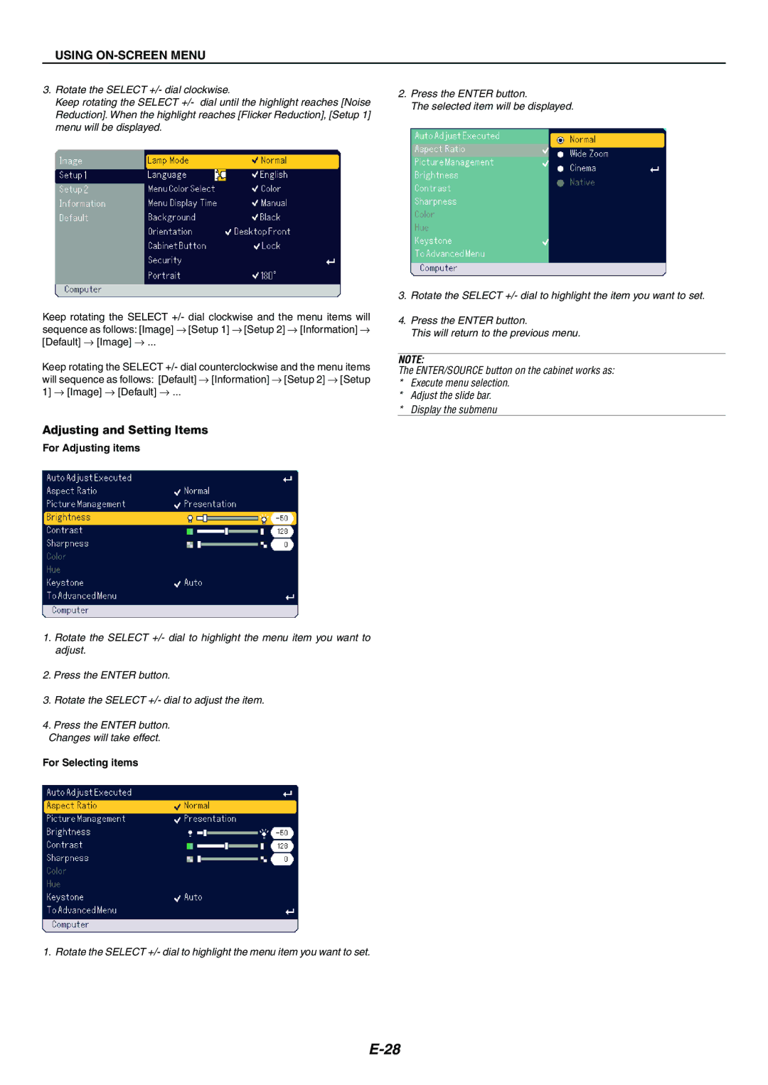 Nikon LT170 manual Using ON-SCREEN Menu, Adjusting and Setting Items, For Adjusting items, For Selecting items 