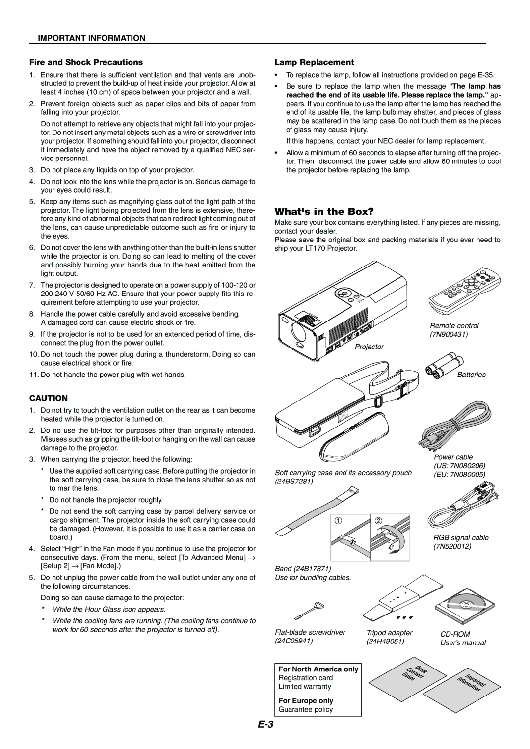 Nikon LT170 manual Whats in the Box?, Important Information, Fire and Shock Precautions, Lamp Replacement 