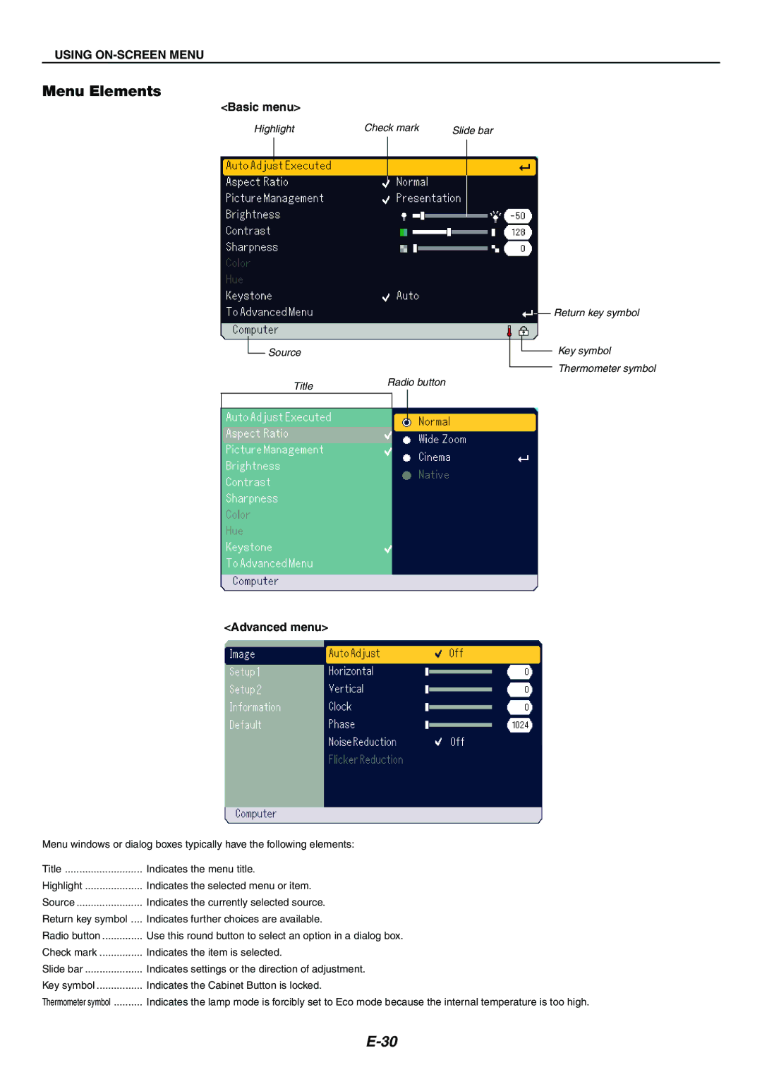 Nikon LT170 manual Menu Elements, Basic menu 