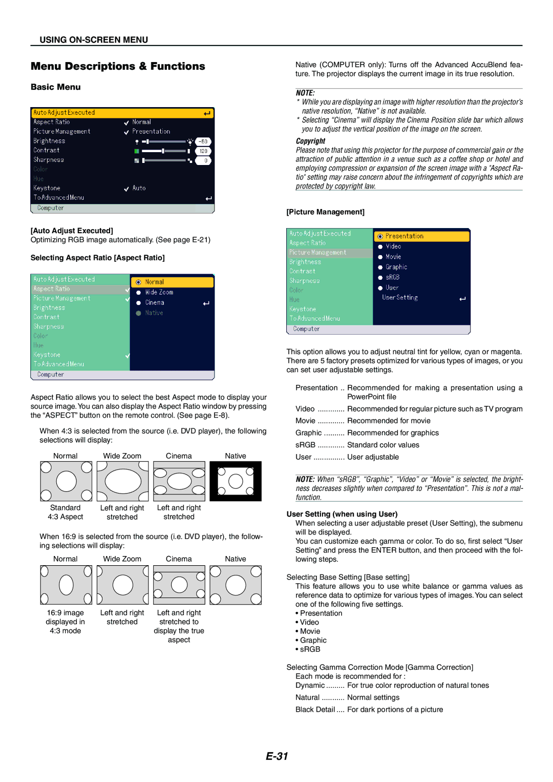 Nikon LT170 manual Menu Descriptions & Functions, Basic Menu 