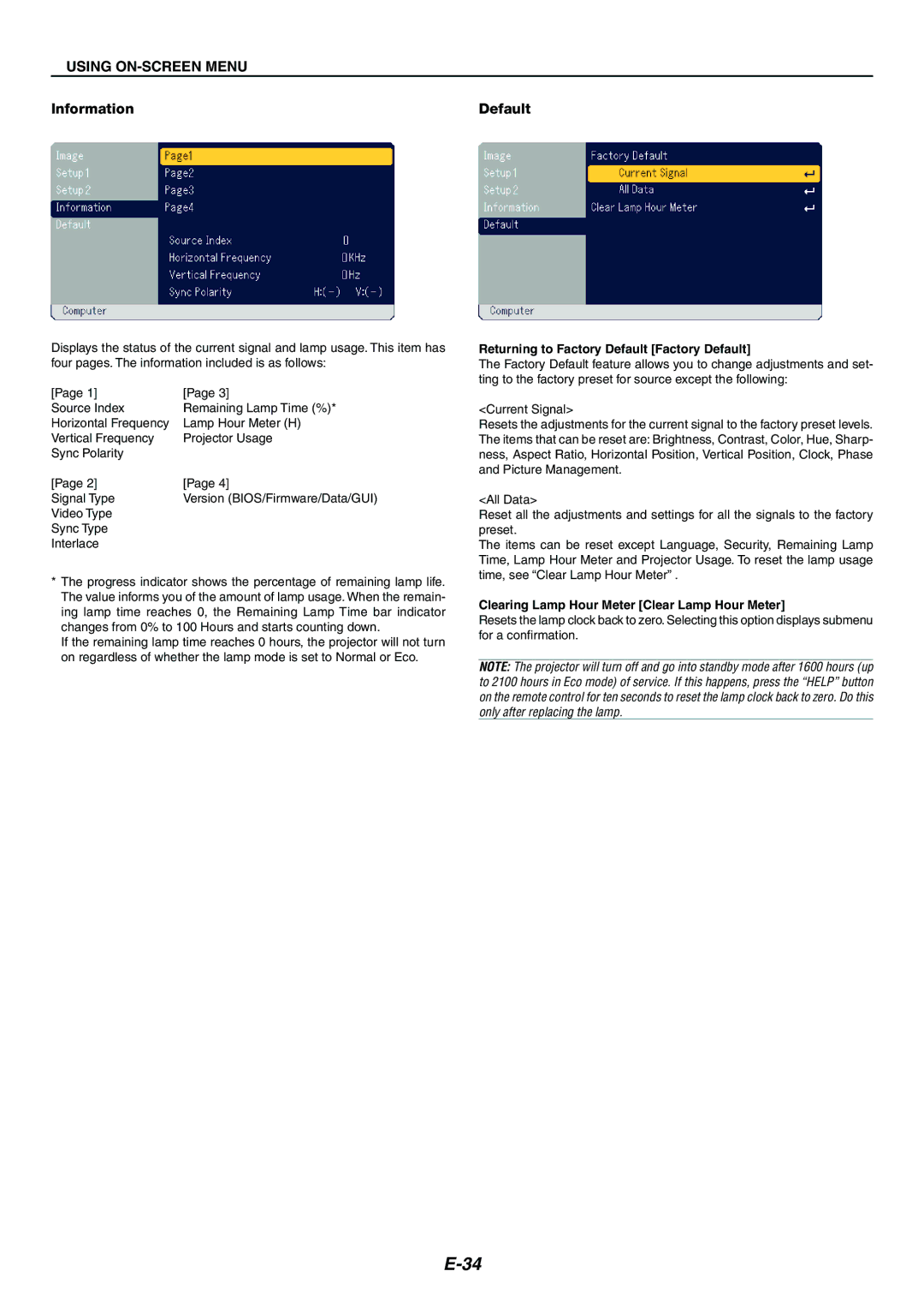 Nikon LT170 manual Information Default, Returning to Factory Default Factory Default 