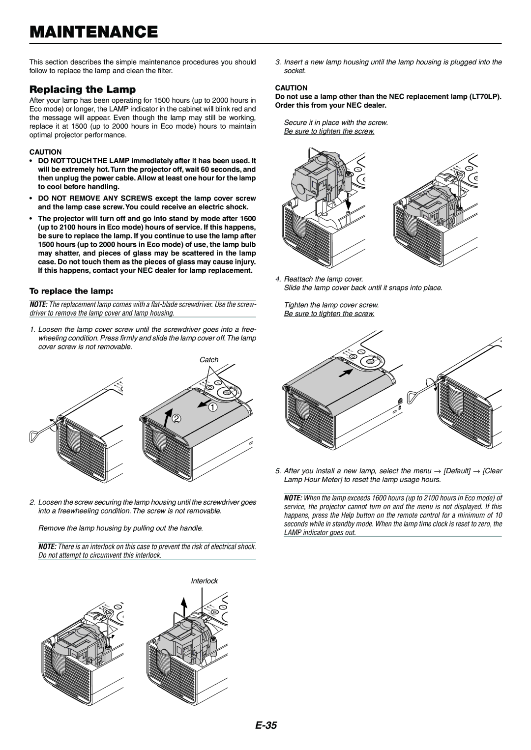 Nikon LT170 manual Maintenance, Replacing the Lamp, To replace the lamp 