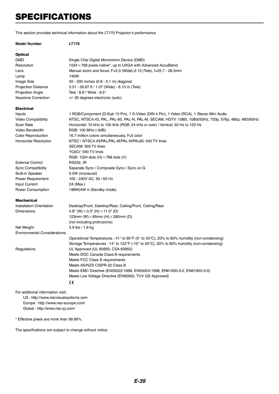 Nikon manual Specifications, Model Number LT170 Optical 