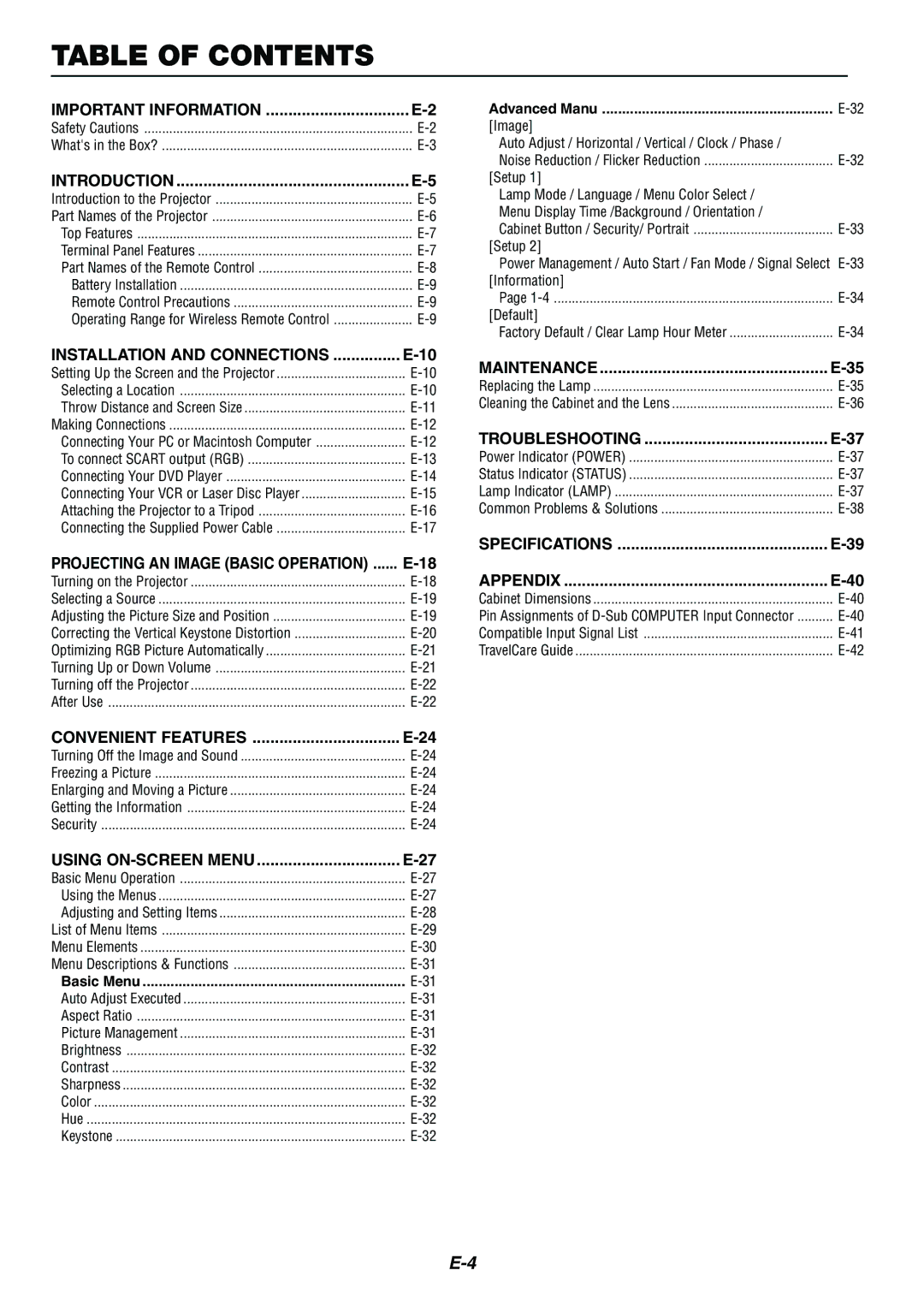 Nikon LT170 manual Table of Contents 