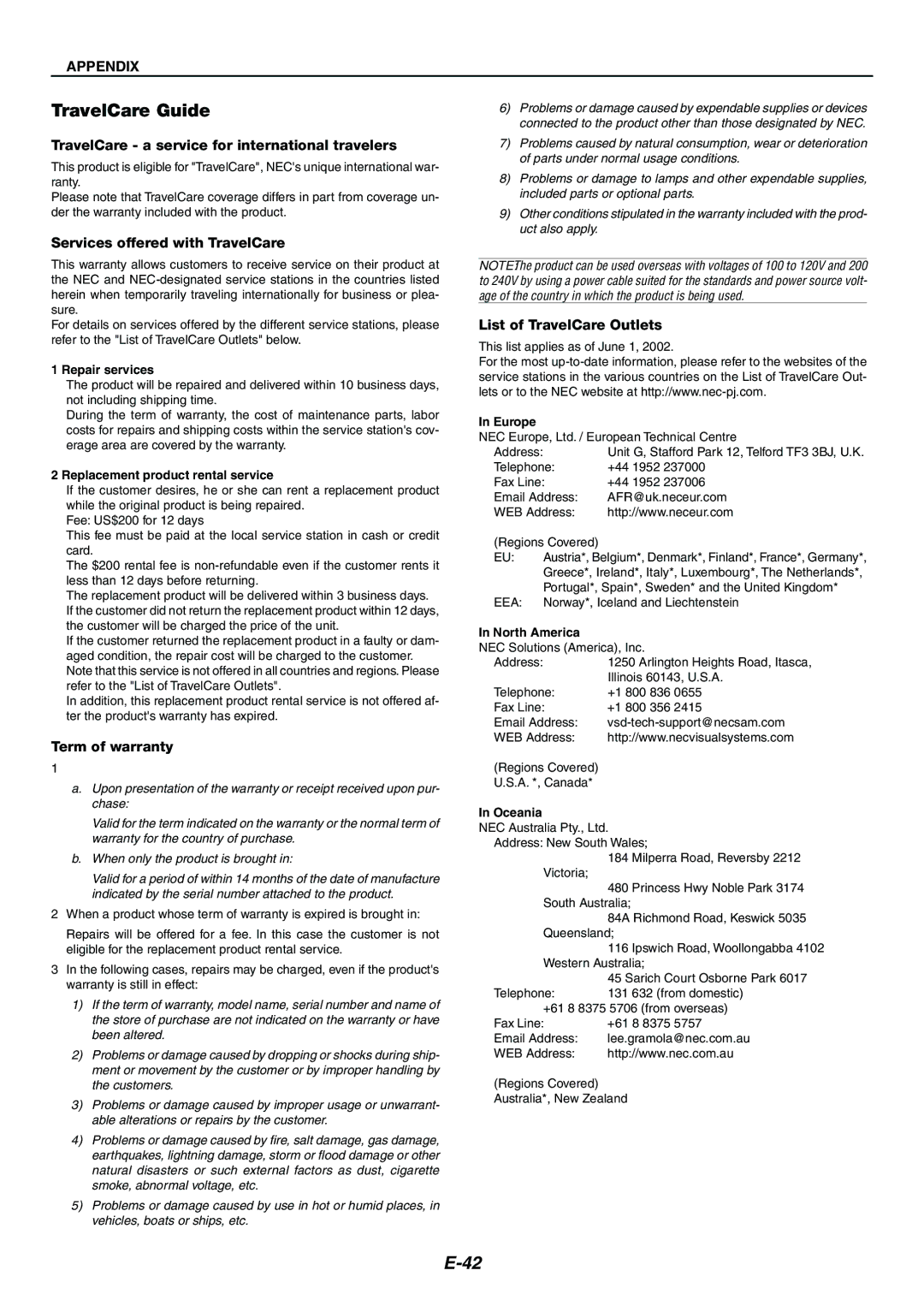 Nikon LT170 manual TravelCare Guide, TravelCare a service for international travelers, Services offered with TravelCare 