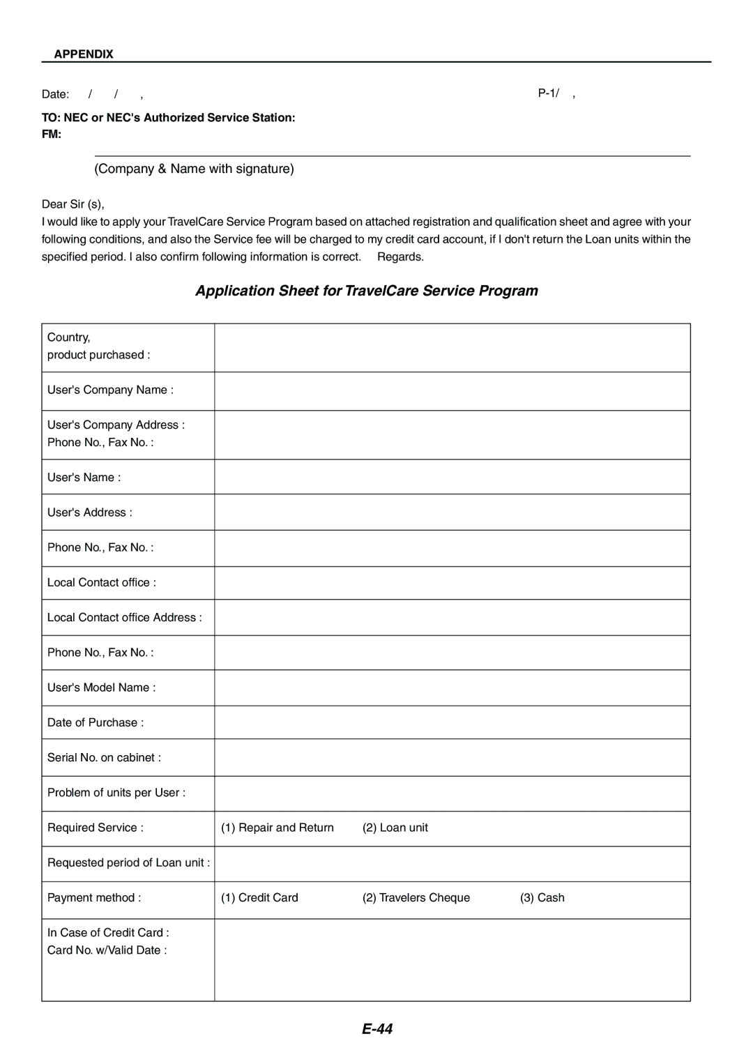 Nikon LT170 manual Application Sheet for TravelCare Service Program 