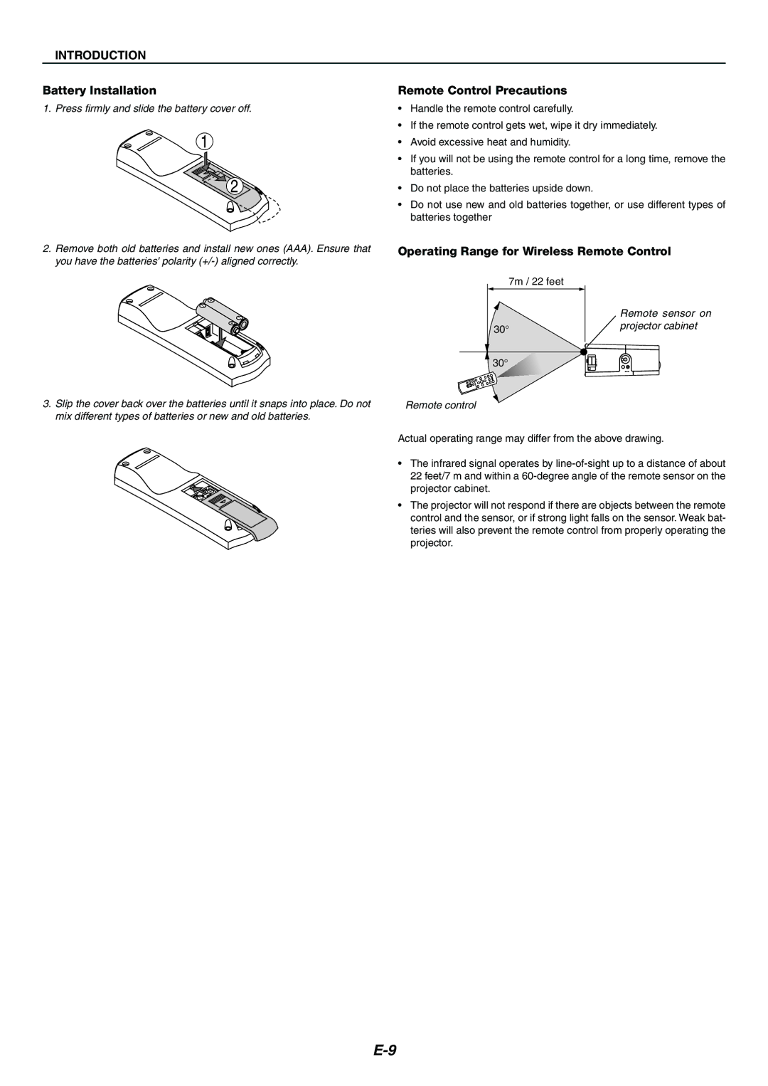 Nikon LT170 manual Battery Installation, Remote Control Precautions, Operating Range for Wireless Remote Control 