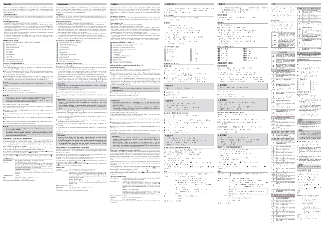 Nikon MB-CP10 Säkerhetsföreskrifter, Användningsföreskrifter, Veiligheid, Voorzorgsmaatregelen, Per la Vostra Sicurezza 