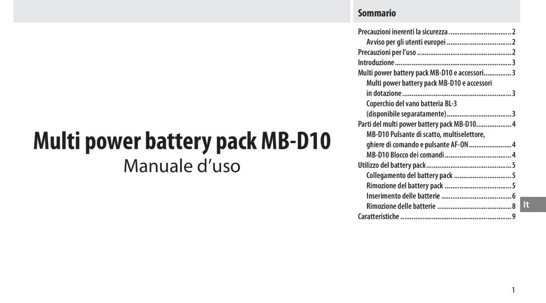 Nikon MB-D10 user manual Manuale d’uso, Sommario, Coperchio del vano batteria BL-3 