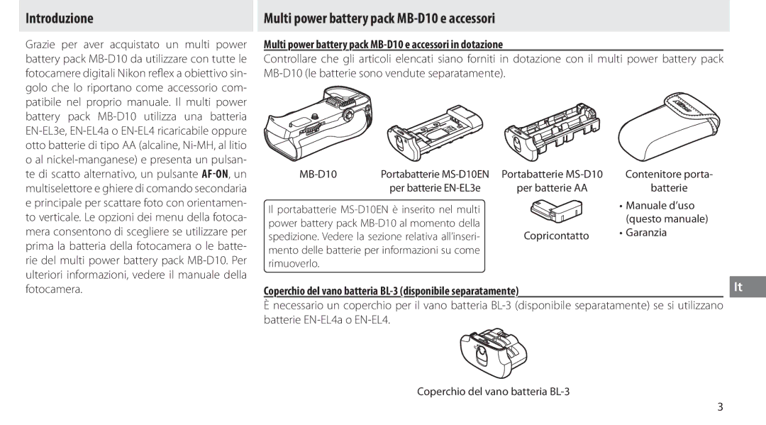 Nikon user manual Introduzione, Multi power battery pack MB-D10 e accessori 