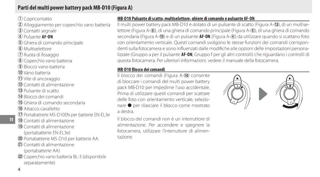 Nikon user manual Parti del multi power battery pack MB-D10 Figura a, MB-D10 Blocco dei comandi 