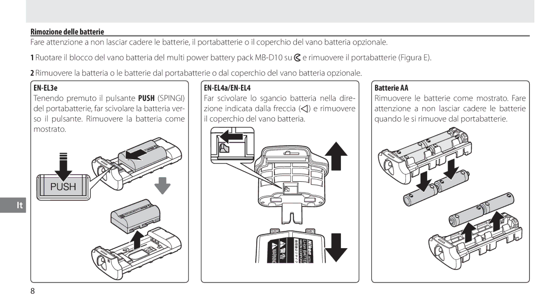 Nikon MB-D10 user manual Rimozione delle batterie, Batterie AA 