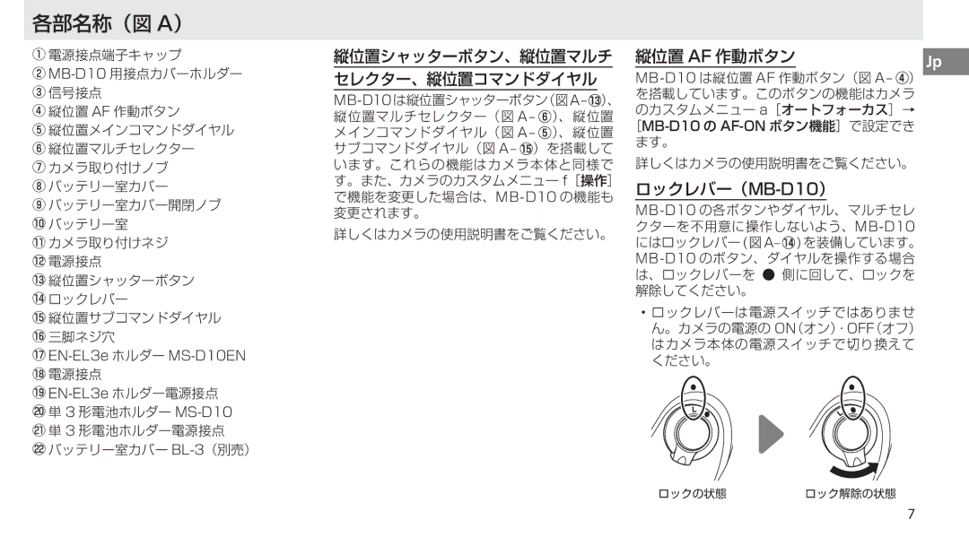 Nikon MB-D10 user manual 各部名称（図 A） 