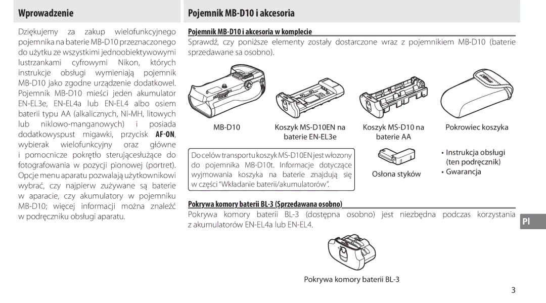 Nikon user manual Wprowadzenie, Pojemnik MB-D10 i akcesoria w komplecie 