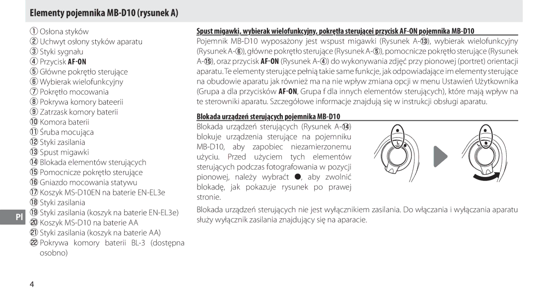 Nikon user manual Elementy pojemnika MB-D10 rysunek a, Śruba mocująca !2 Styki zasilania !3 Spust migawki 