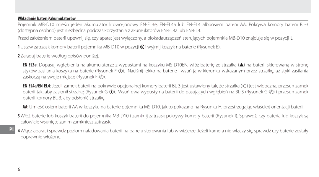 Nikon MB-D10 user manual Wkładanie baterii/akumulatorów 