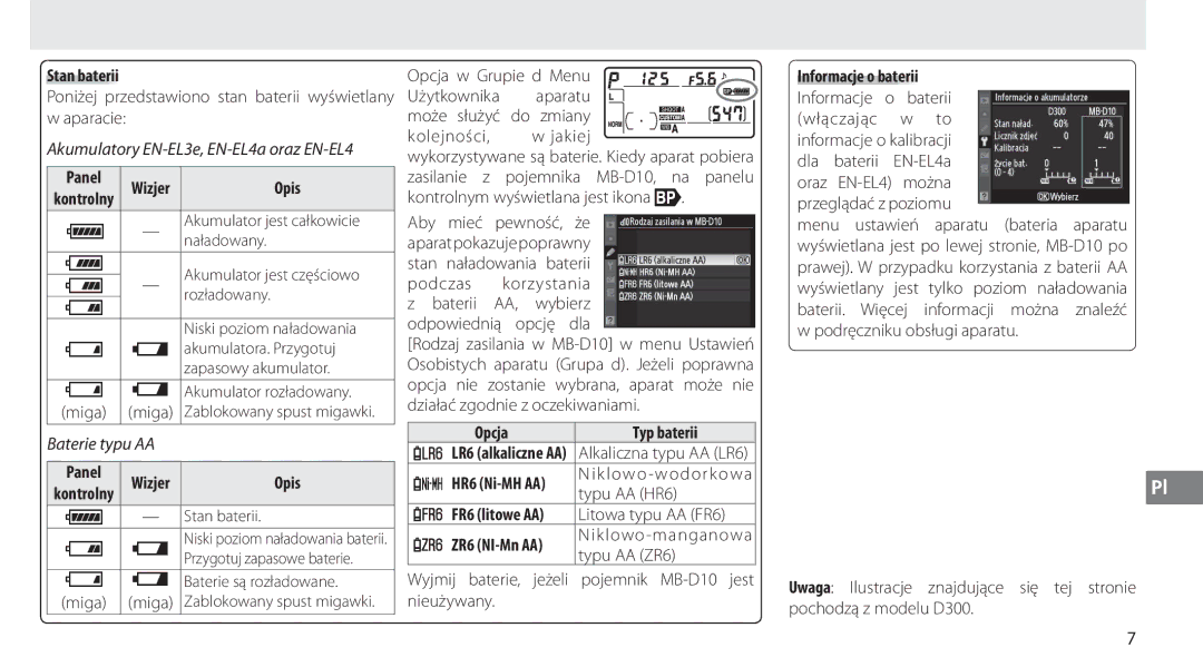 Nikon MB-D10 user manual Panel, Opcja Typ baterii, Opis HR6 Ni-MH AA, FR6 litowe AA 